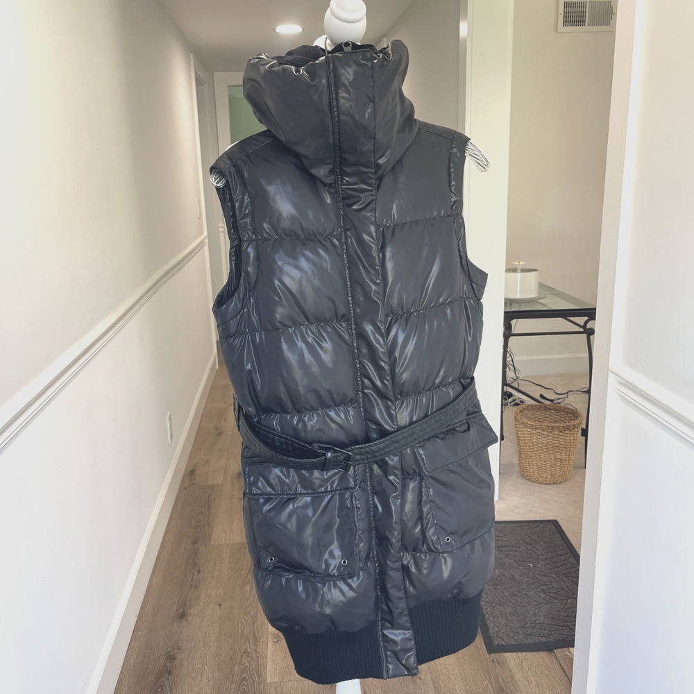 Women Sisley Down Puffer Vest Black Hooded Sz M Snap Zip Belted Long Pockets